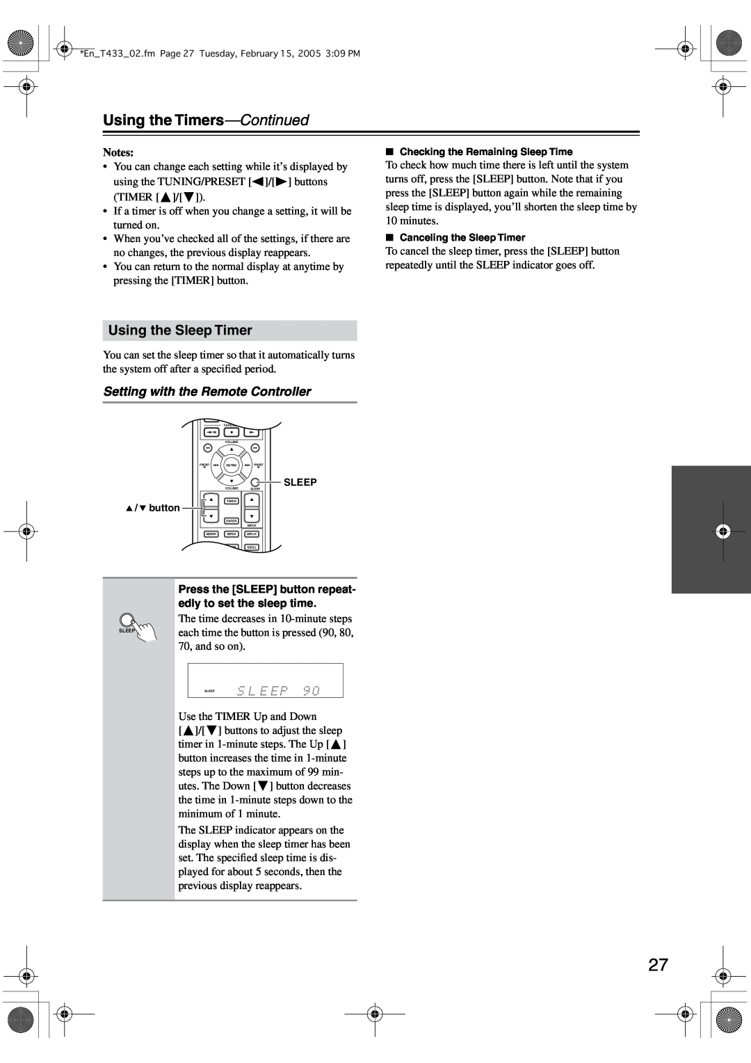 Onkyo T-433 instruction manual Using the Sleep Timer, Setting with the Remote Controller, Using the Timers-Continued 