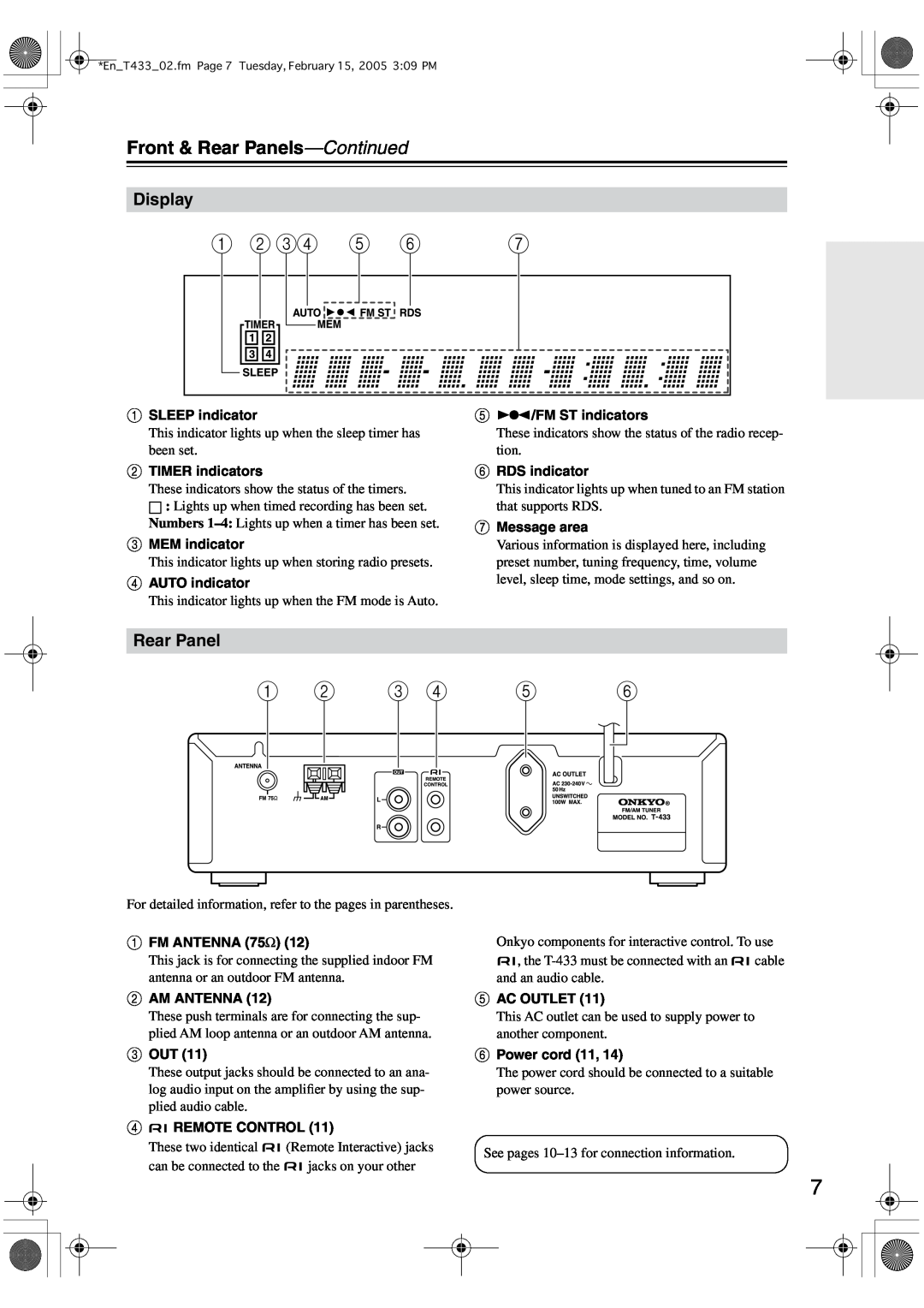 Onkyo T-433 instruction manual Front & Rear Panels-Continued, Display 