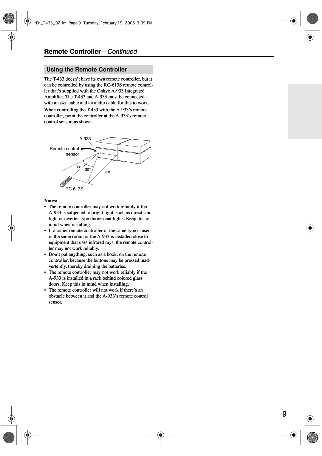 Onkyo T-433 instruction manual Remote Controller-Continued, Using the Remote Controller, Notes 