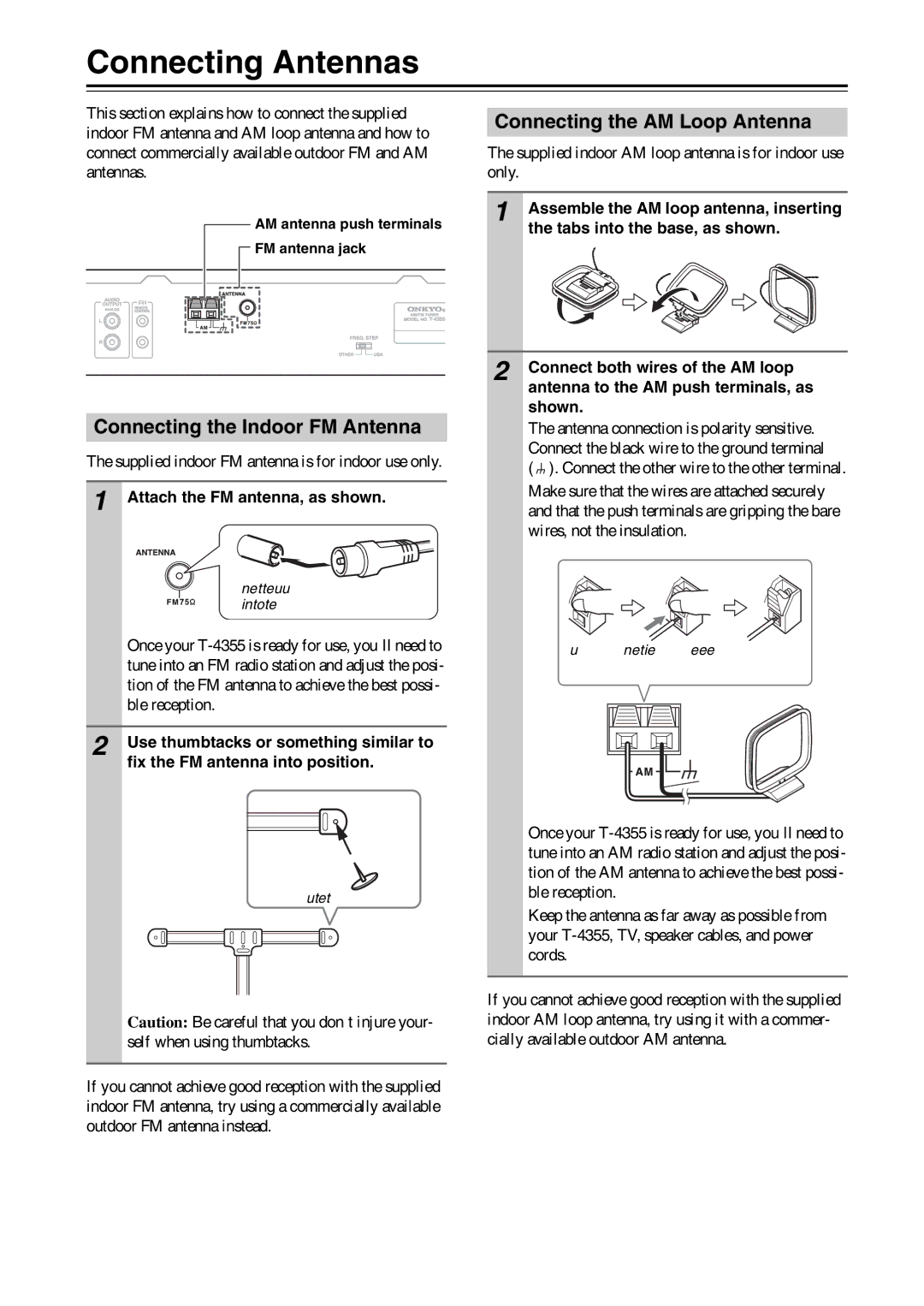 Onkyo T-4355 instruction manual Connecting Antennas, Connecting the AM Loop Antenna, Connecting the Indoor FM Antenna 