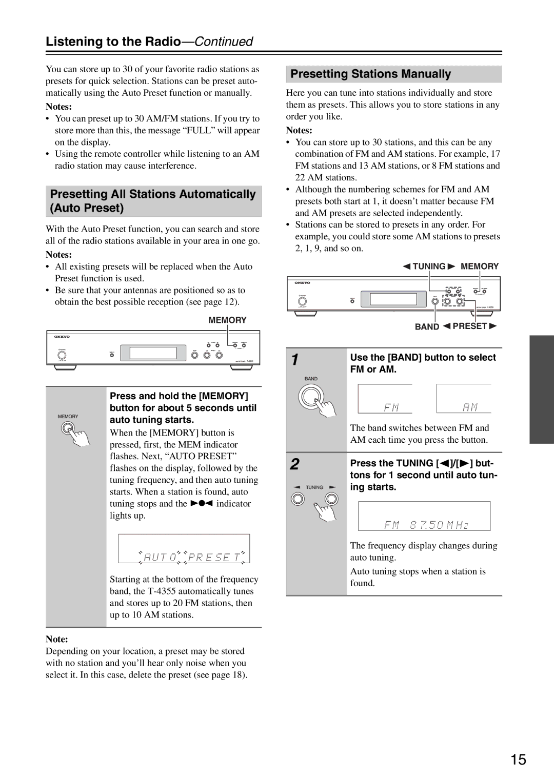 Onkyo T-4355 Listening to the Radio, Presetting All Stations Automatically Auto Preset, Presetting Stations Manually 