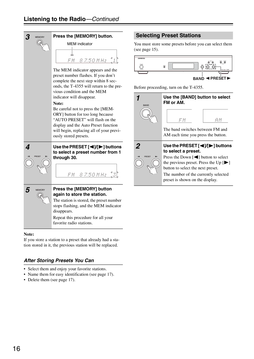 Onkyo T-4355 instruction manual Selecting Preset Stations, After Storing Presets You Can 