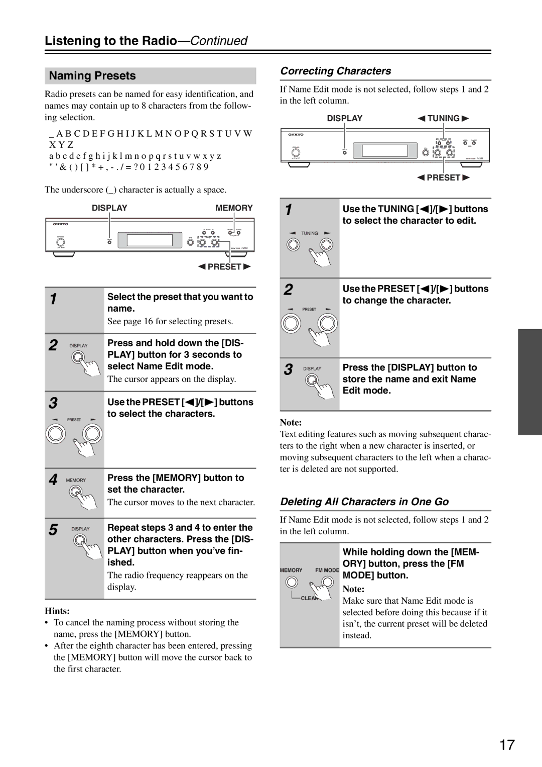 Onkyo T-4355 instruction manual Naming Presets, Correcting Characters, Deleting All Characters in One Go 