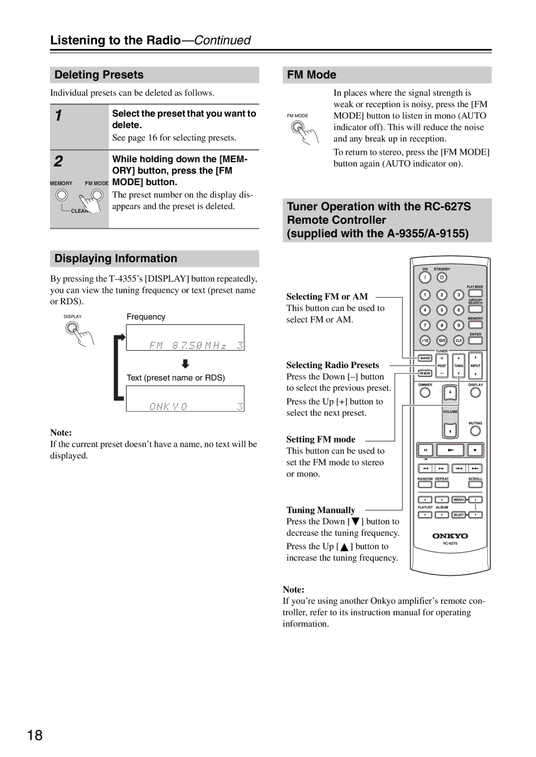 Onkyo T-4355 Deleting Presets, Displaying Information, FM Mode, Select the preset that you want to delete 