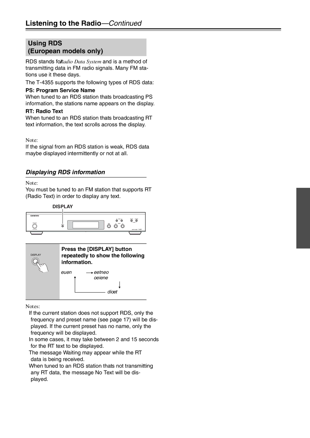 Onkyo T-4355 Using RDS European models only, Displaying RDS information, PS Program Service Name, RT Radio Text 