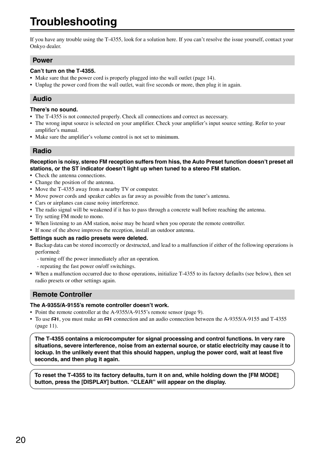 Onkyo T-4355 instruction manual Troubleshooting, Power, Audio, Radio, Remote Controller 