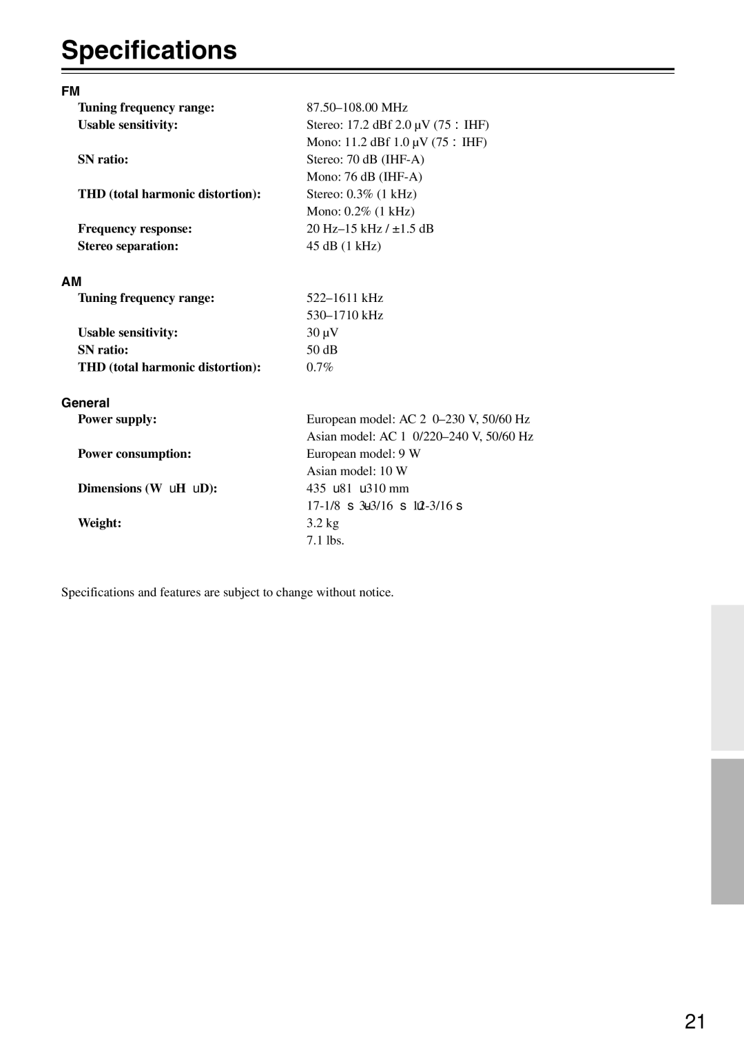 Onkyo T-4355 instruction manual Specifications, General 