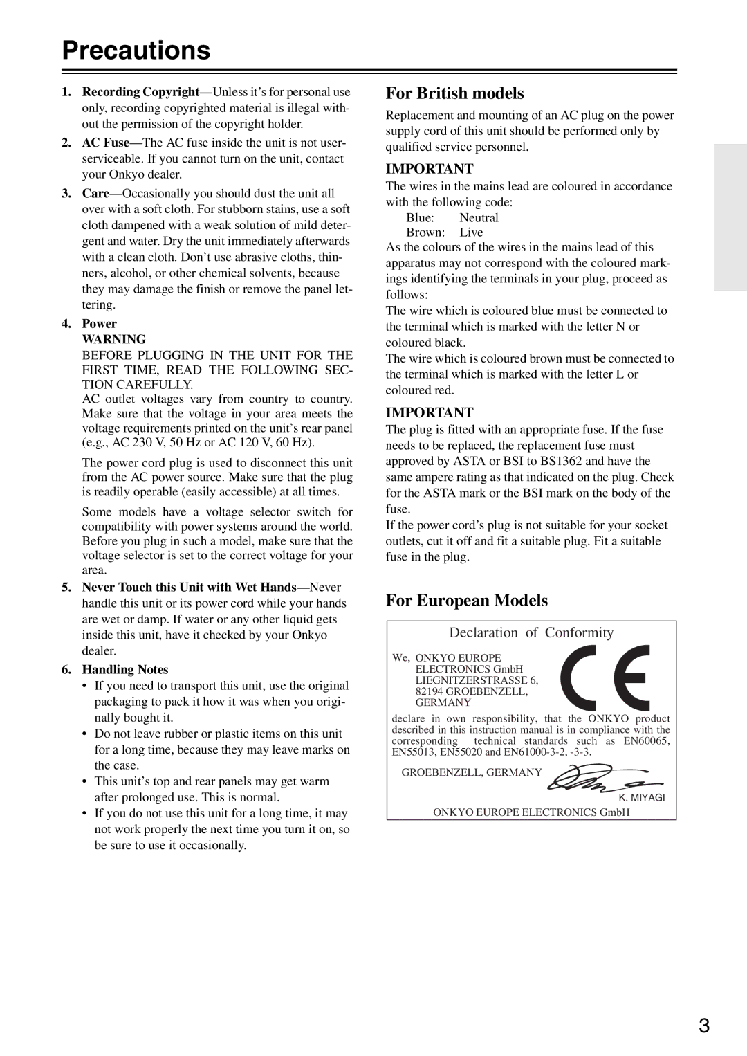 Onkyo T-4355 instruction manual Precautions, Power 