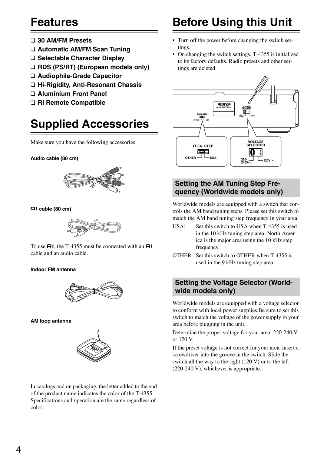 Onkyo T-4355 Features, Supplied Accessories, Before Using this Unit, Setting the Voltage Selector World- wide models only 