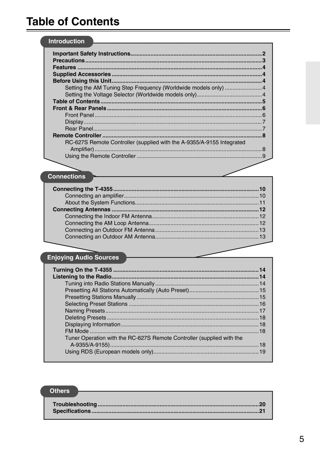 Onkyo T-4355 instruction manual Table of Contents 