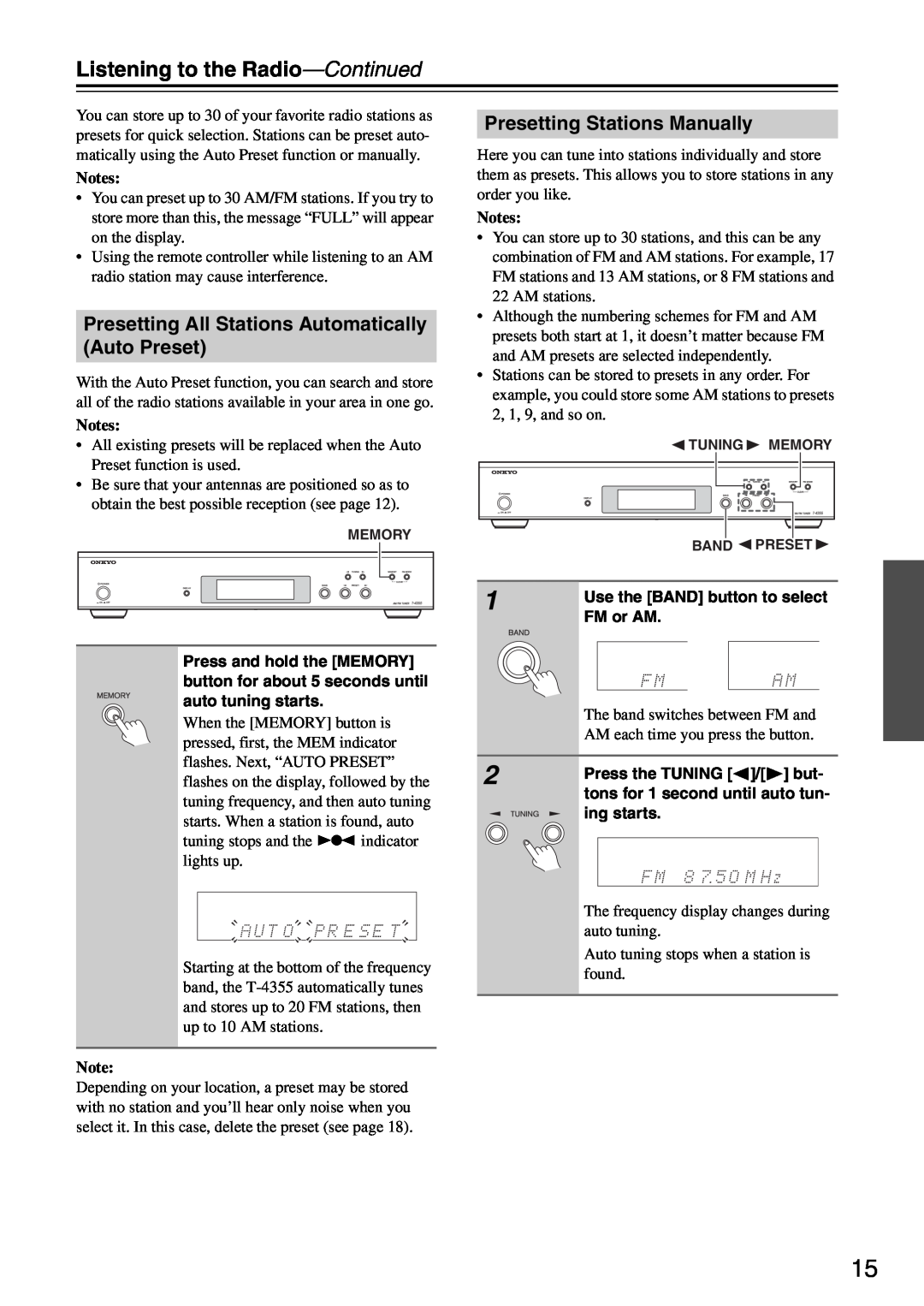 Onkyo T-4355 instruction manual Listening to the Radio-Continued, Presetting All Stations Automatically Auto Preset 