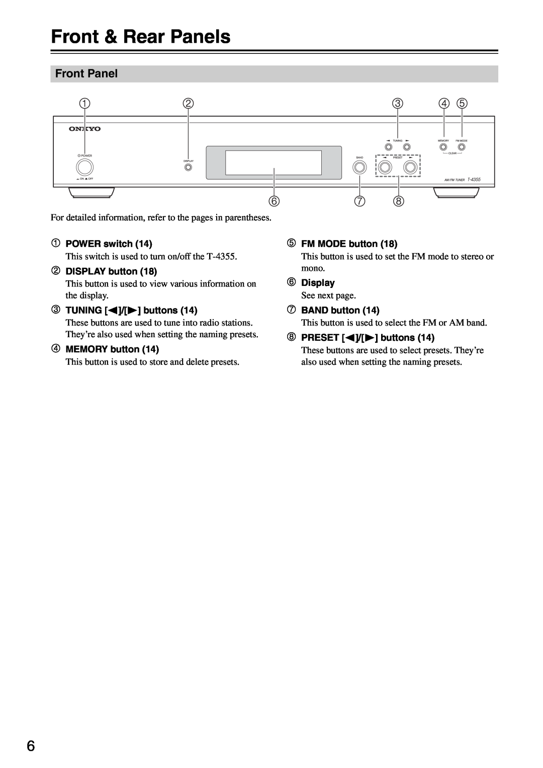 Onkyo T-4355 instruction manual Front & Rear Panels,    