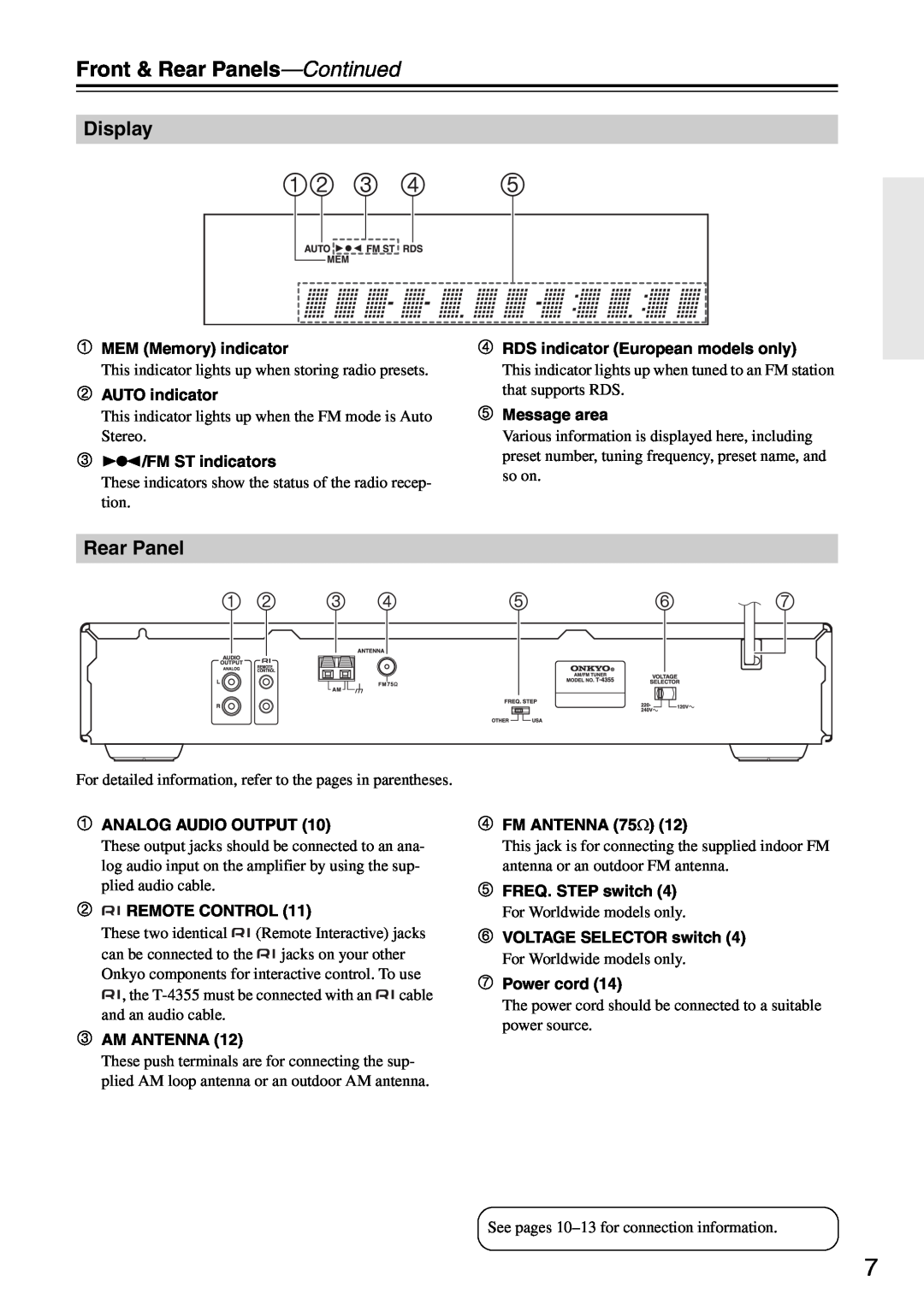 Onkyo T-4355 instruction manual    , Front & Rear Panels-Continued,     