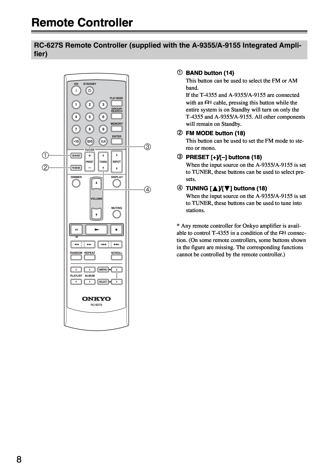 Onkyo T-4355 instruction manual Remote Controller 