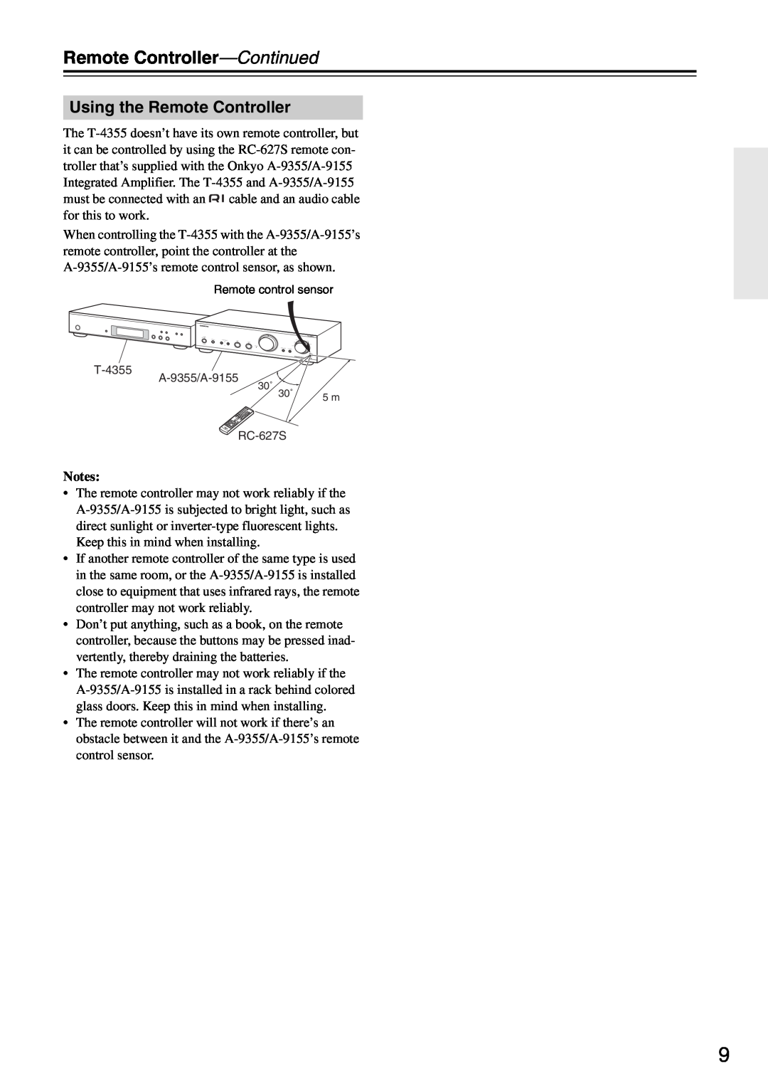 Onkyo T-4355 instruction manual Remote Controller-Continued, Using the Remote Controller 