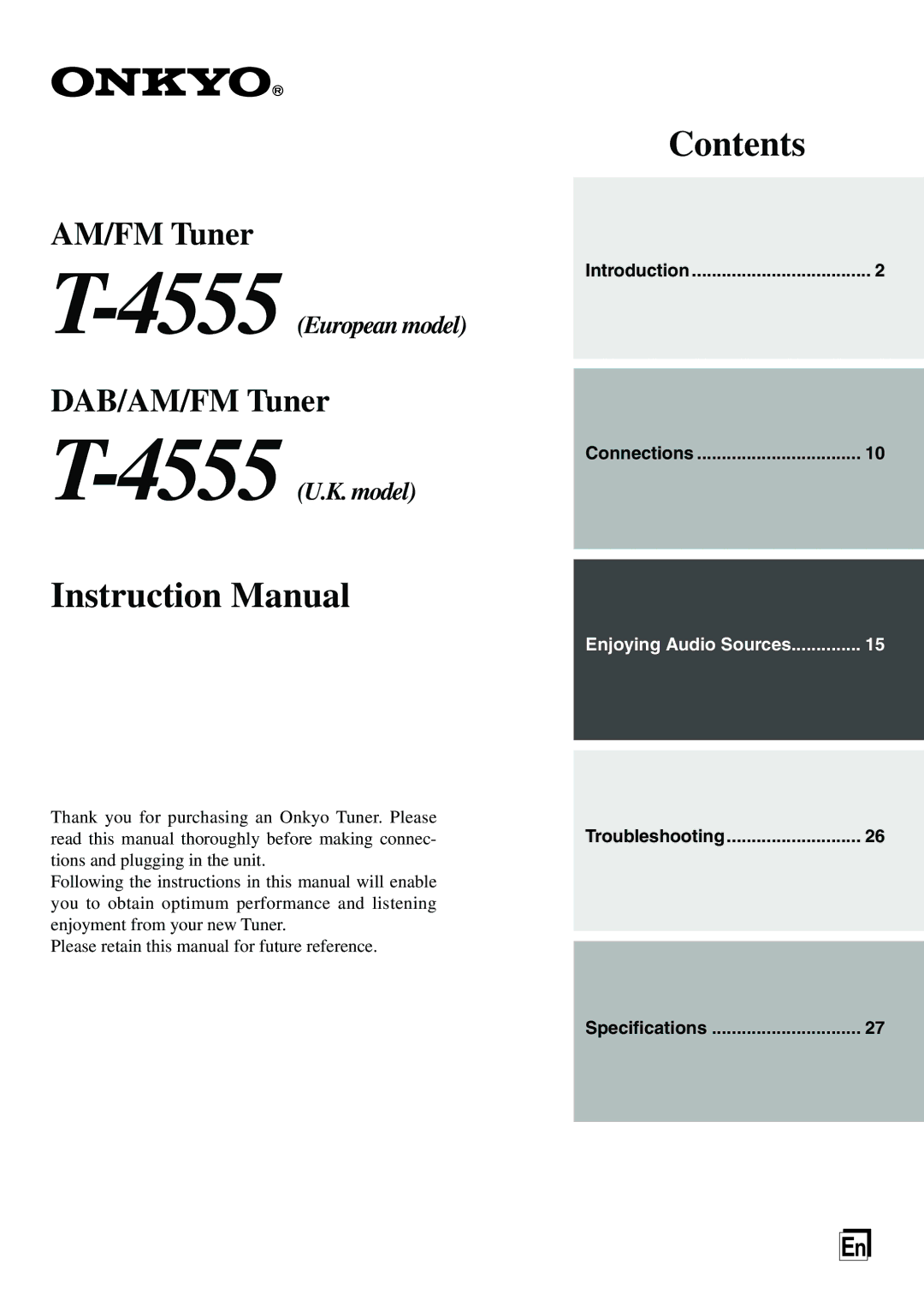 Onkyo T-4555 instruction manual Contents 