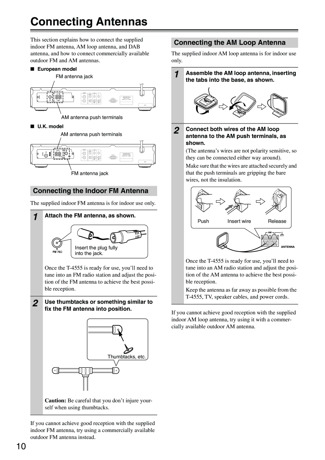 Onkyo T-4555 instruction manual Connecting Antennas, Connecting the Indoor FM Antenna, Connecting the AM Loop Antenna 