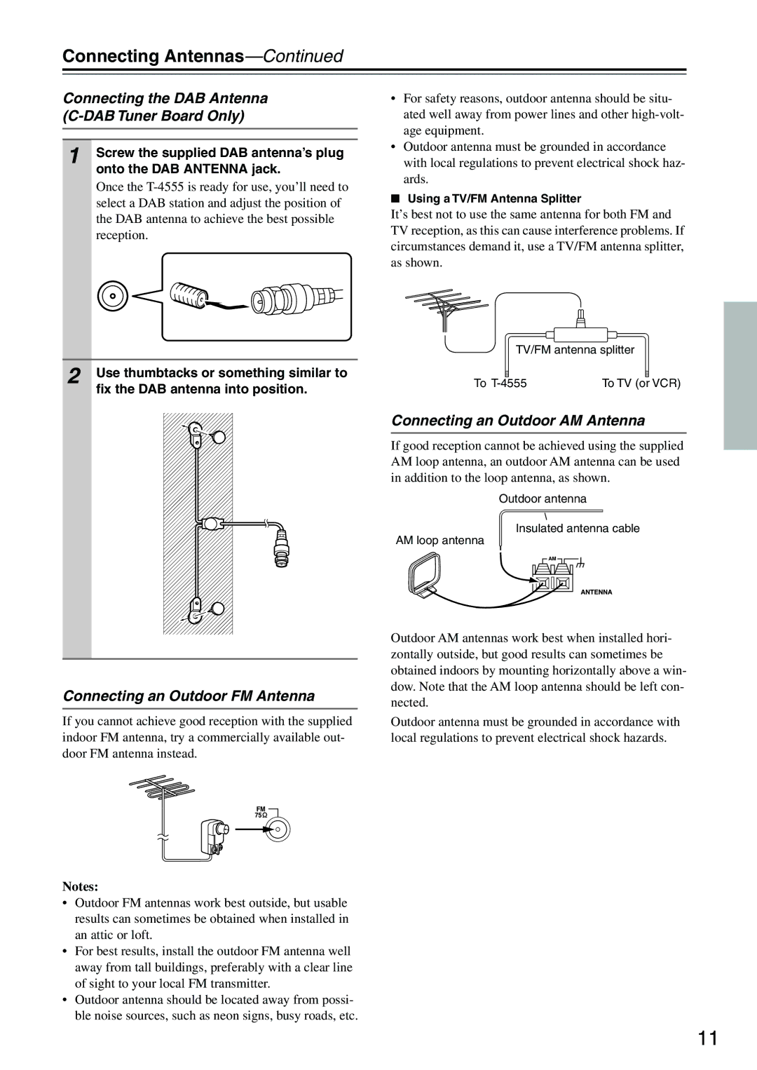 Onkyo T-4555 Connecting Antennas, Connecting the DAB Antenna C-DAB Tuner Board Only, Connecting an Outdoor FM Antenna 