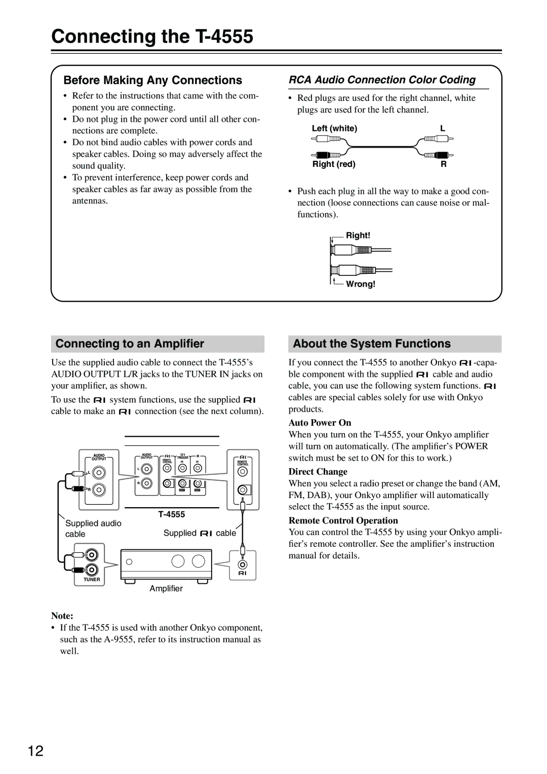 Onkyo Connecting the T-4555, Before Making Any Connections, Connecting to an Ampliﬁer, About the System Functions 