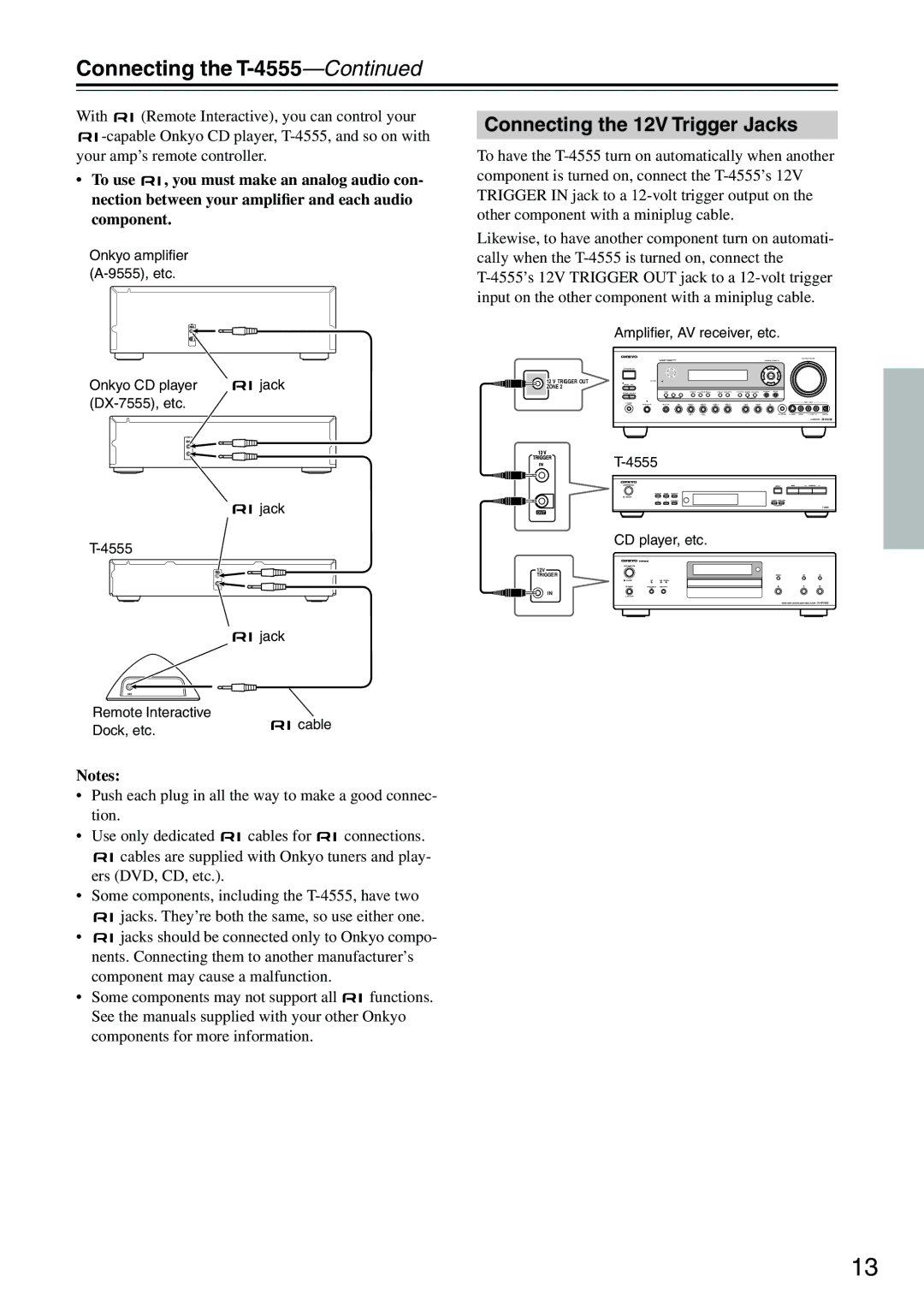 Onkyo instruction manual Connecting the T-4555, Connecting the 12V Trigger Jacks 