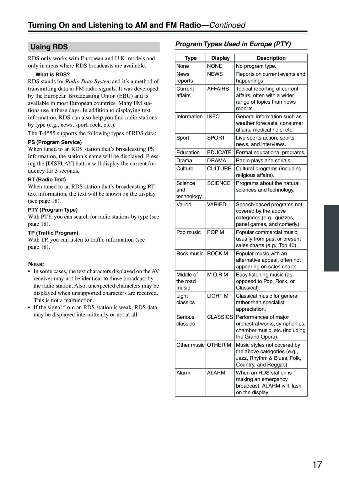 Onkyo T-4555 instruction manual Using RDS, Program Types Used in Europe PTY 