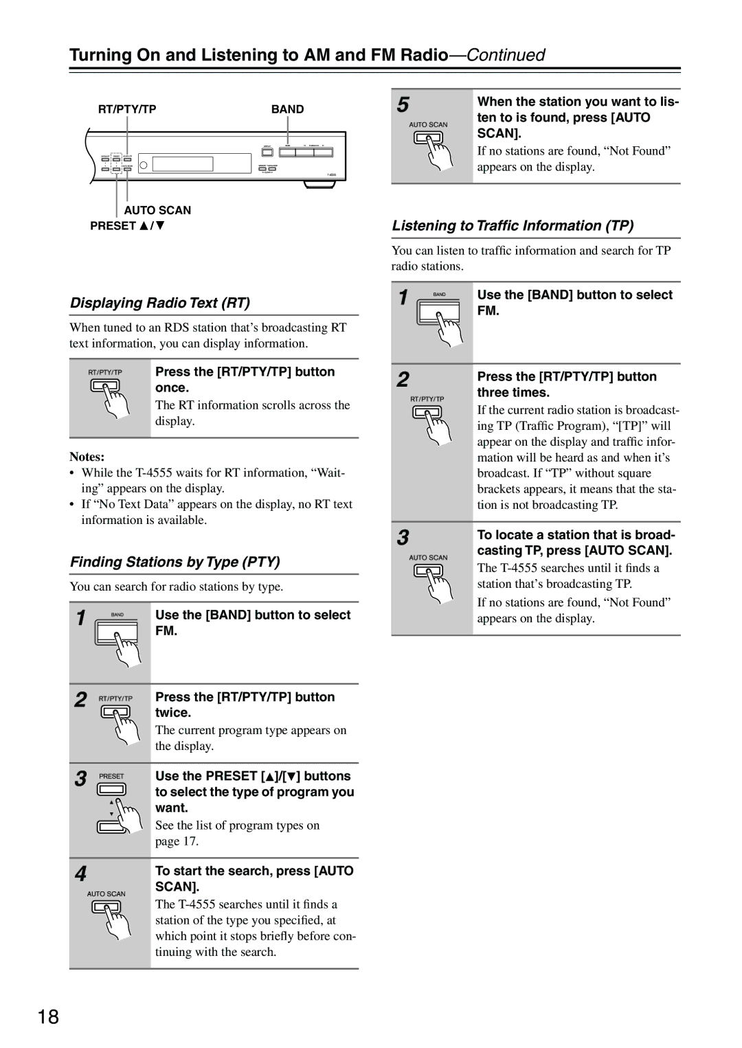 Onkyo T-4555 instruction manual Displaying Radio Text RT, Finding Stations by Type PTY, Listening to Trafﬁc Information TP 