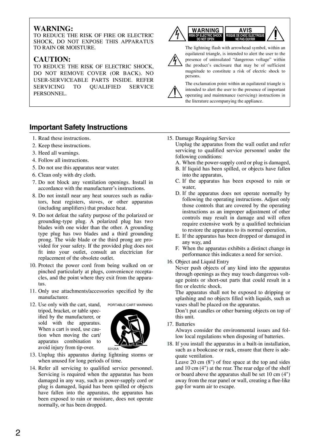 Onkyo T-4555 instruction manual Important Safety Instructions, Avis 