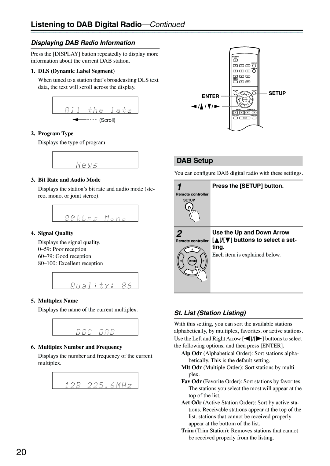 Onkyo T-4555 Listening to DAB Digital Radio, DAB Setup, Displaying DAB Radio Information, St. List Station Listing 