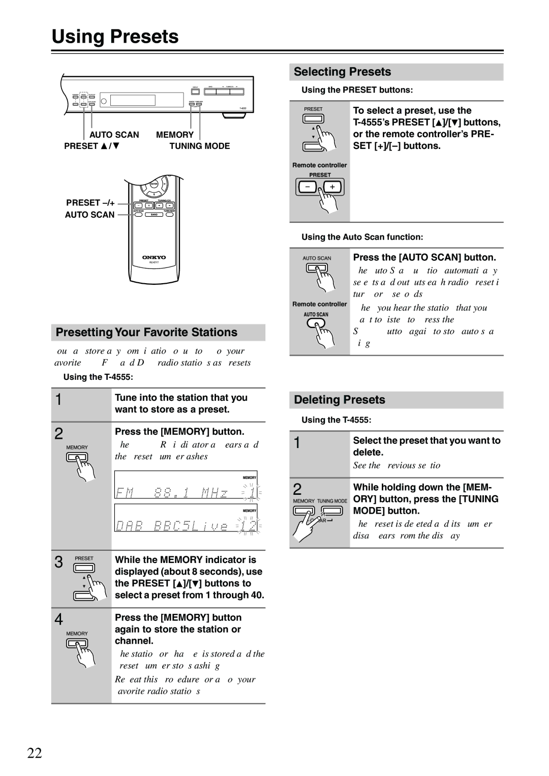 Onkyo T-4555 instruction manual Using Presets, Presetting Your Favorite Stations, Selecting Presets, Deleting Presets 