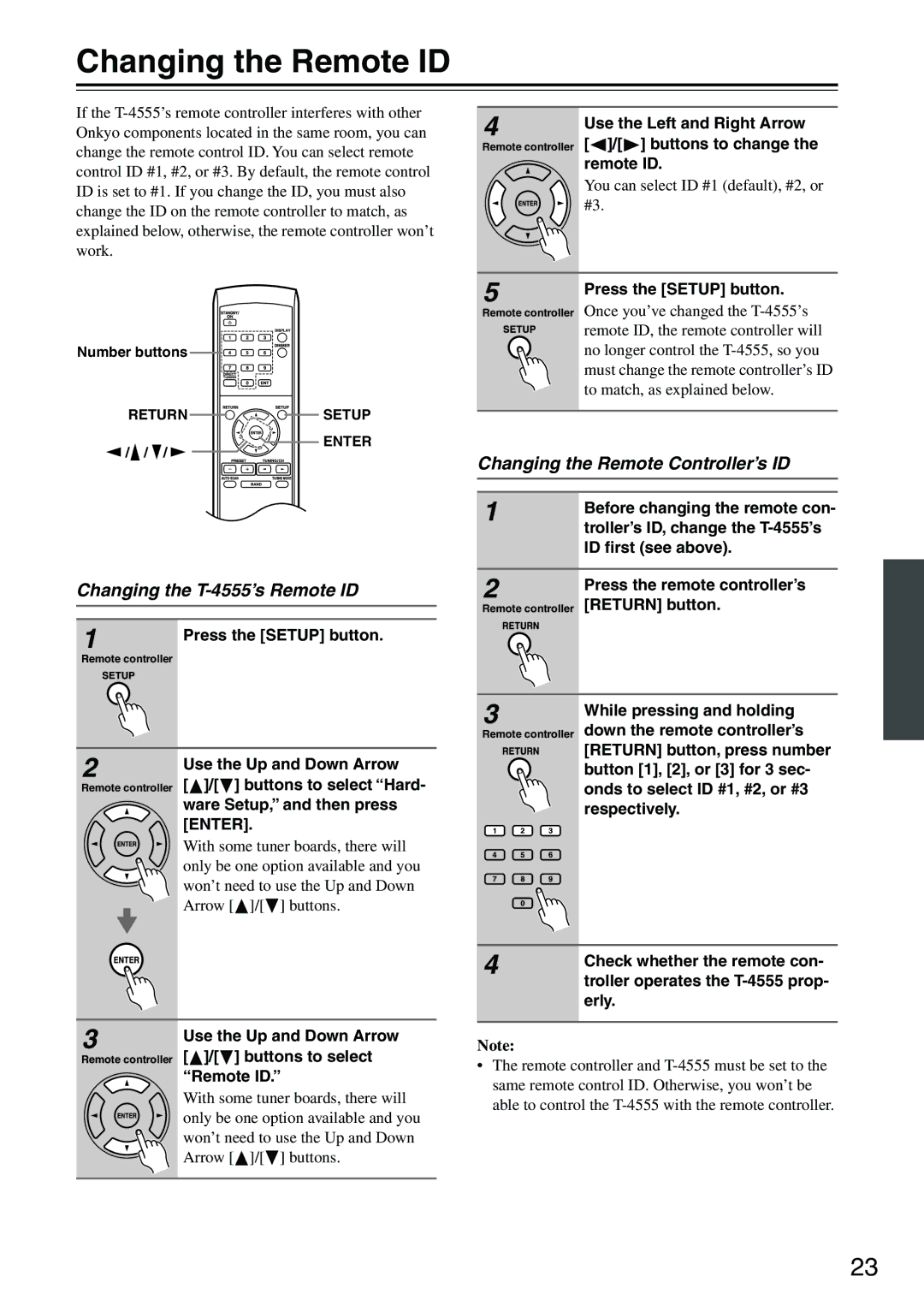 Onkyo instruction manual Changing the Remote ID, Changing the T-4555’s Remote ID, Changing the Remote Controller’s ID 