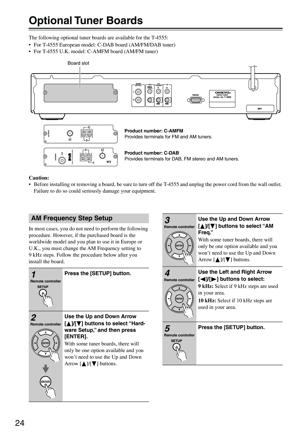 Onkyo T-4555 Optional Tuner Boards, AM Frequency Step Setup, Use the Up and Down Arrow / buttons to select AM Freq 