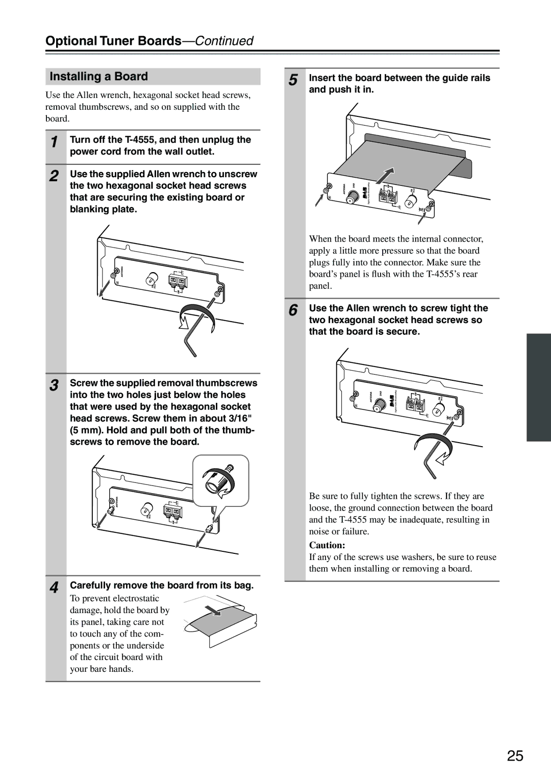 Onkyo Optional Tuner Boards, Installing a Board, Turn off the T-4555, and then unplug, Power cord from the wall outlet 