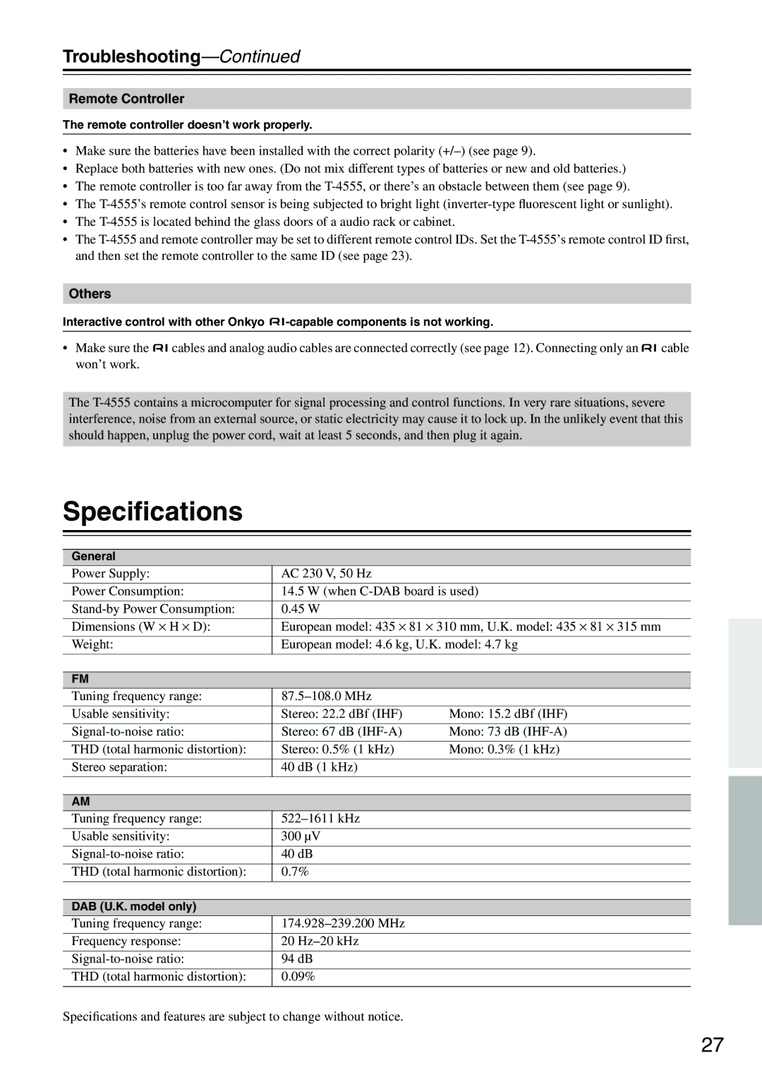 Onkyo T-4555 instruction manual Speciﬁcations, Troubleshooting, Others 