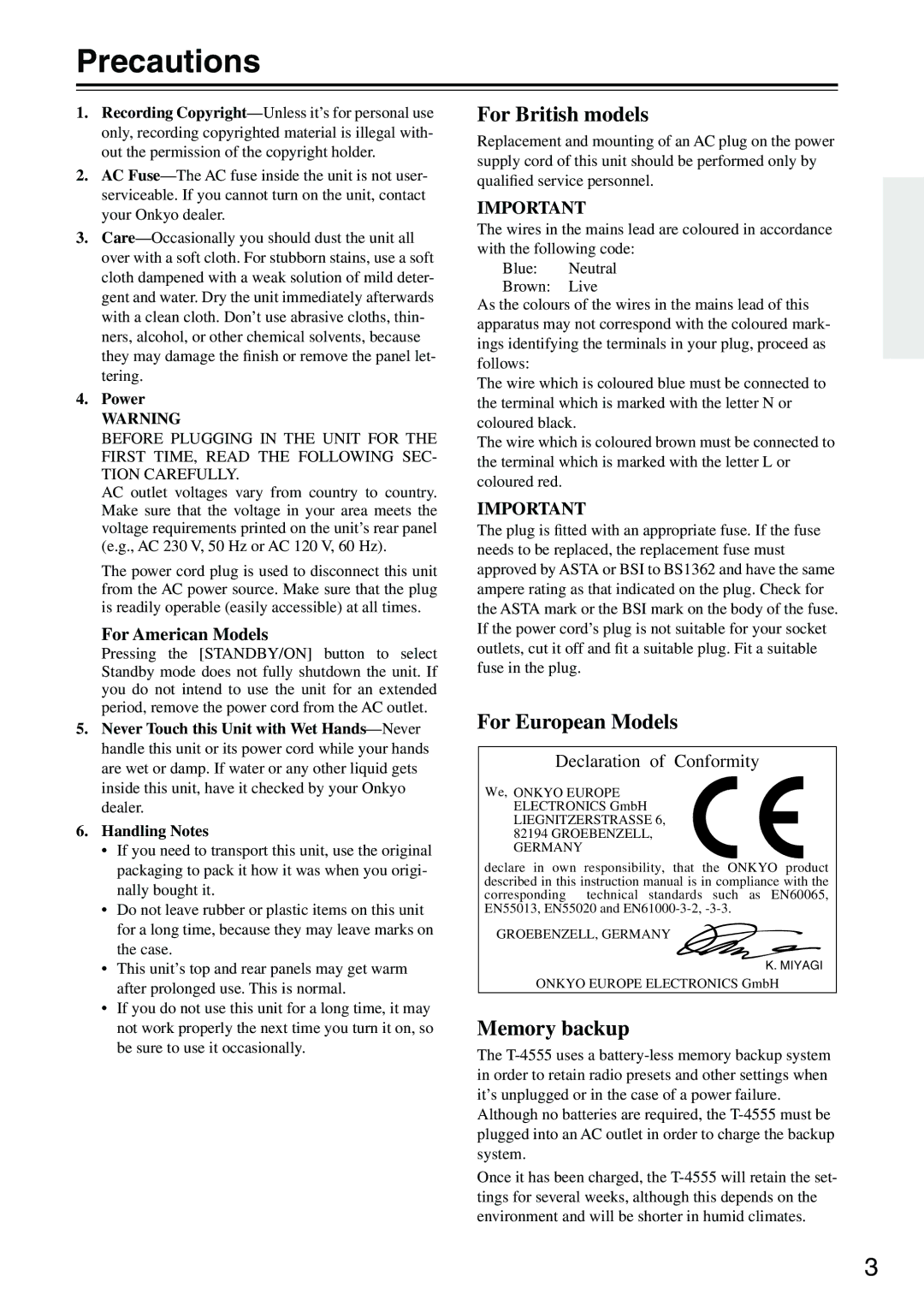 Onkyo T-4555 instruction manual Precautions, Power 