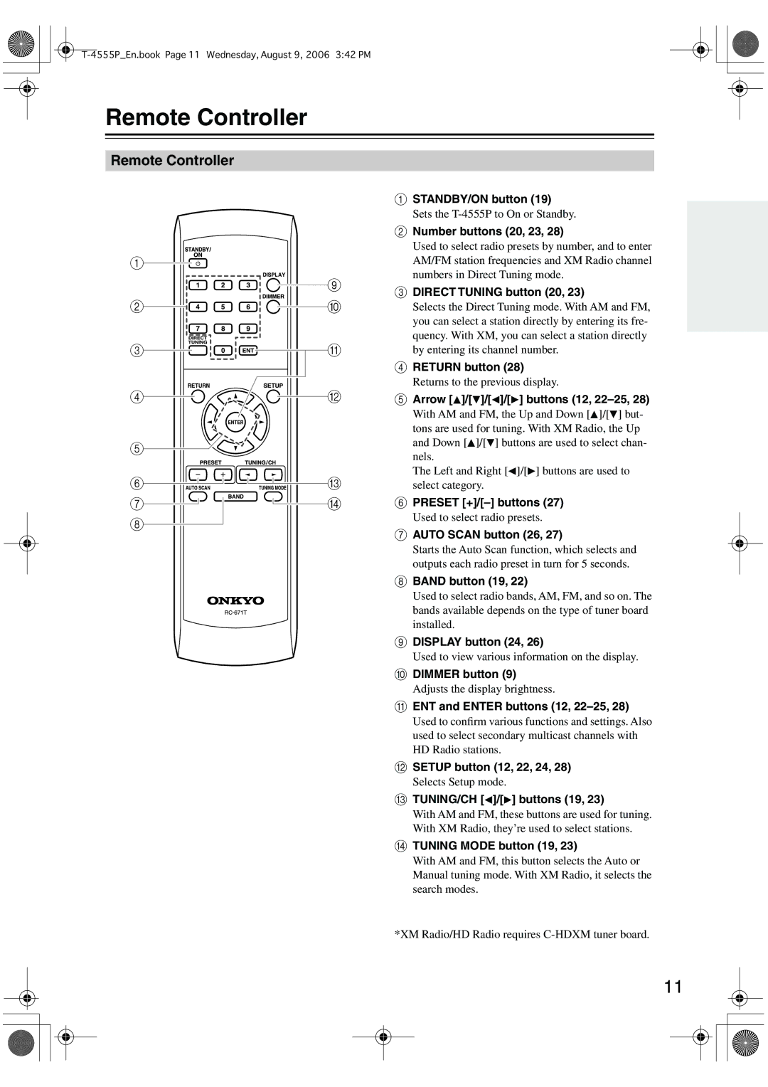 Onkyo T-4555P instruction manual Remote Controller 