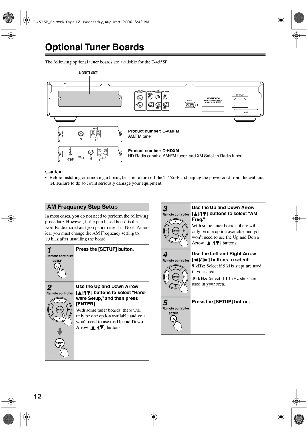 Onkyo T-4555P instruction manual Optional Tuner Boards, AM Frequency Step Setup 