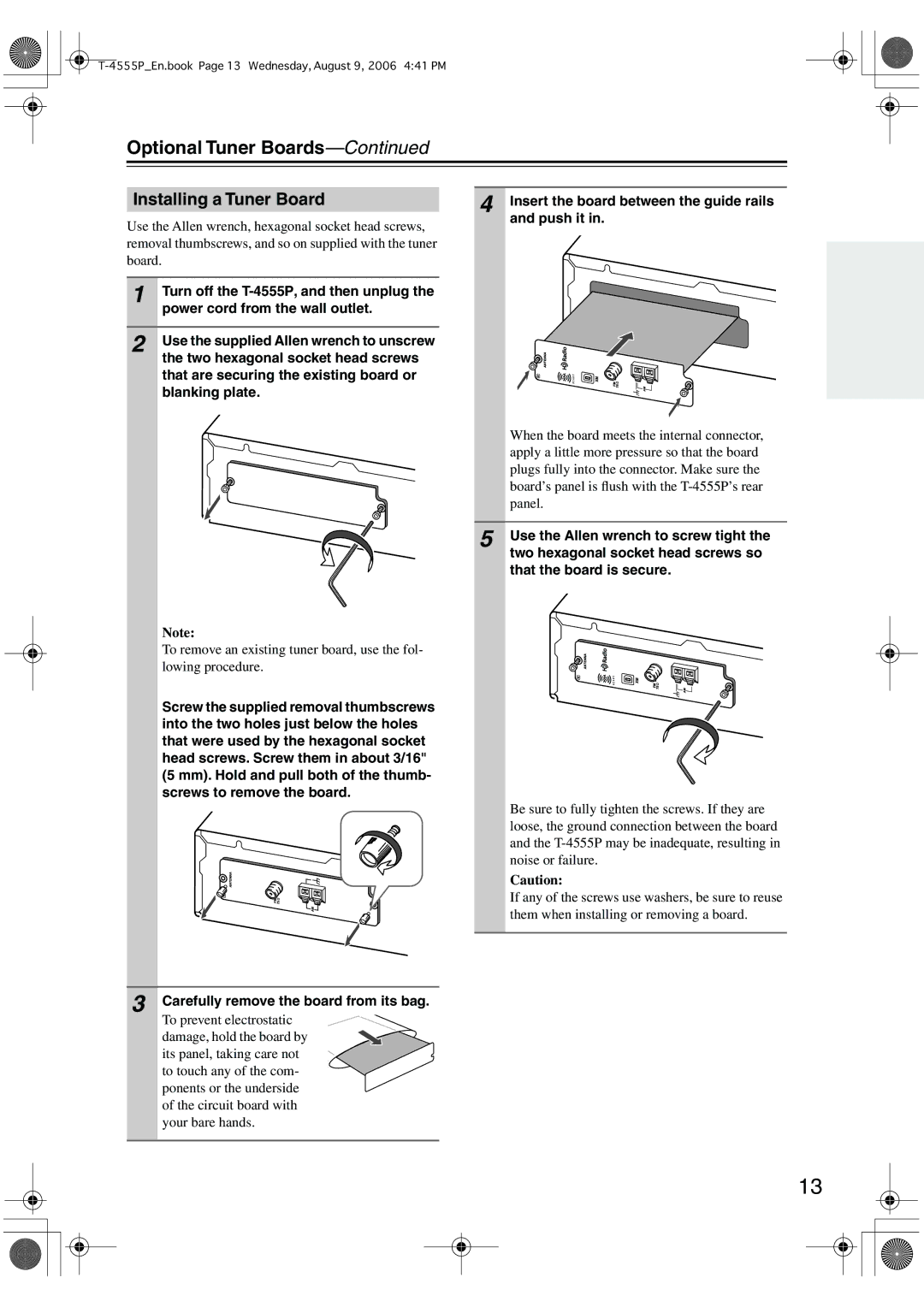 Onkyo T-4555P instruction manual Optional Tuner Boards, Installing a Tuner Board 