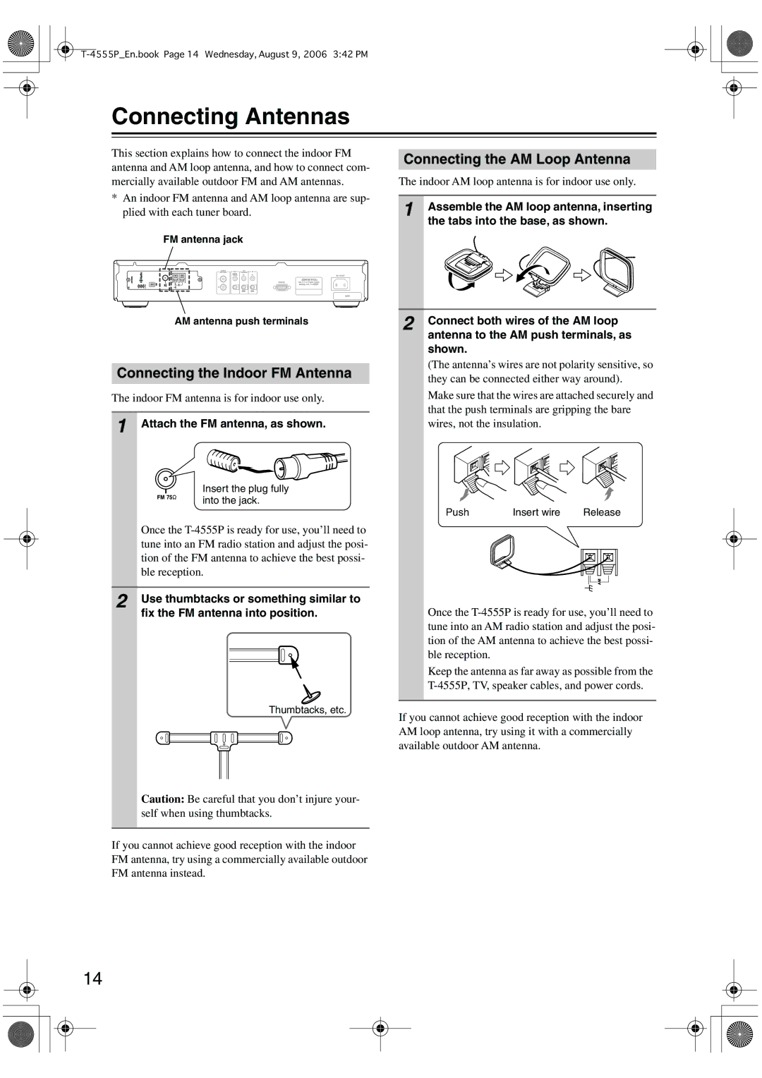 Onkyo T-4555P instruction manual Connecting Antennas, Connecting the AM Loop Antenna, Connecting the Indoor FM Antenna 