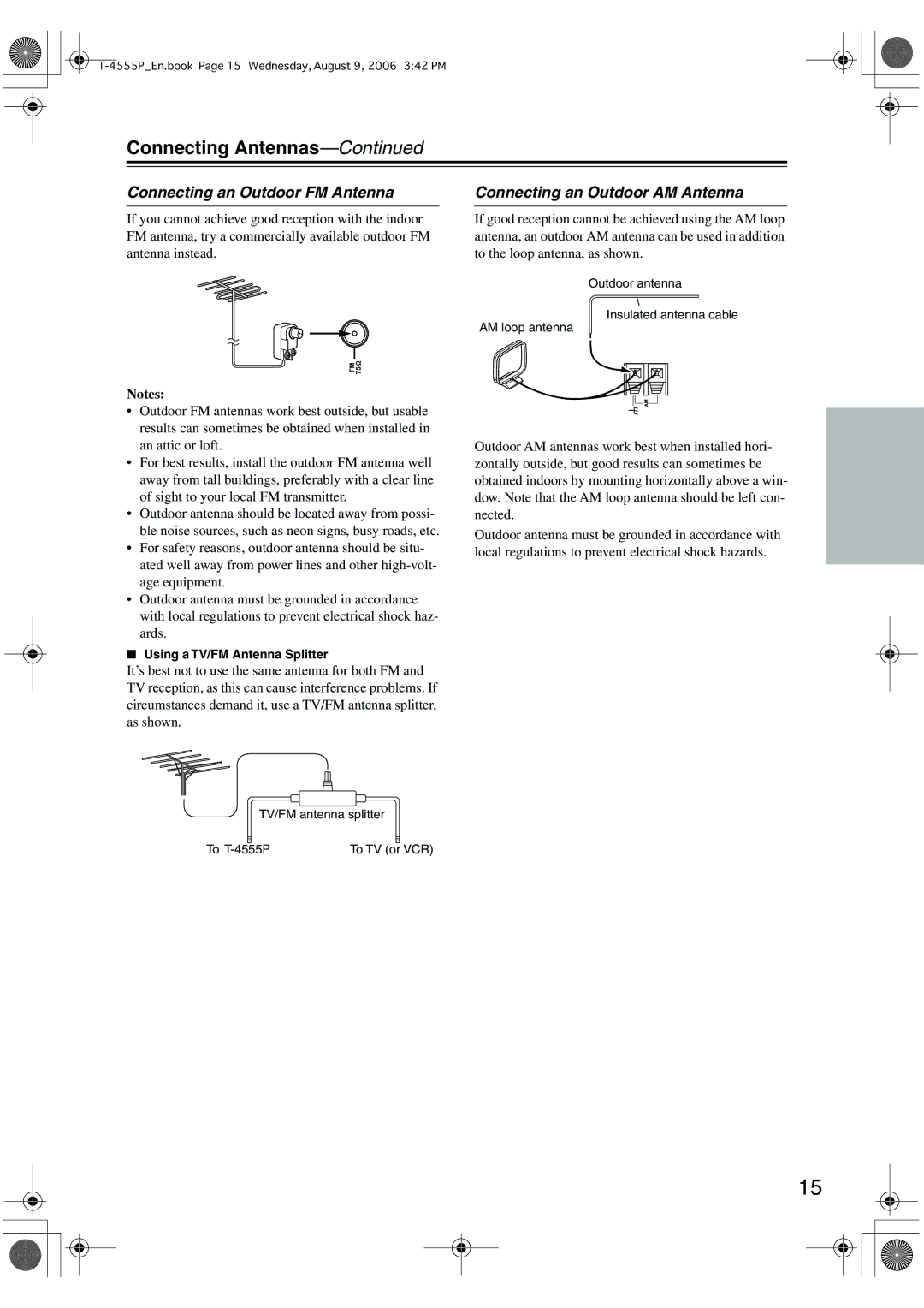 Onkyo T-4555P instruction manual Connecting Antennas, Connecting an Outdoor FM Antenna, Connecting an Outdoor AM Antenna 