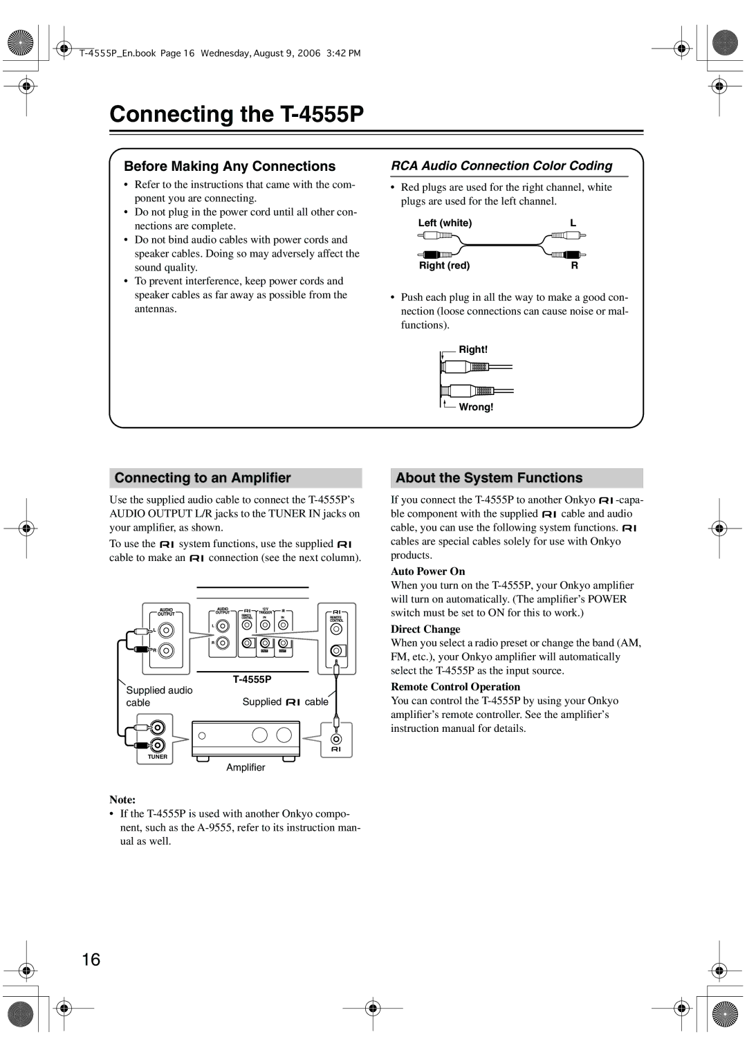 Onkyo Connecting the T-4555P, Before Making Any Connections, Connecting to an Ampliﬁer, About the System Functions 