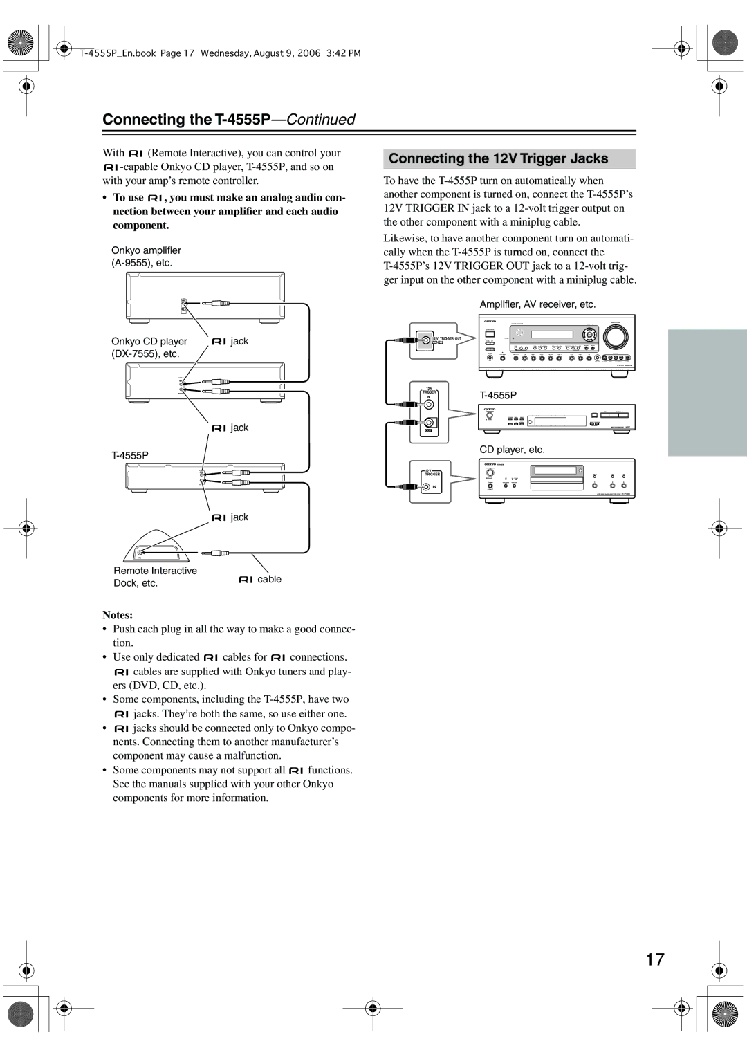 Onkyo instruction manual Connecting the T-4555P, Connecting the 12V Trigger Jacks 