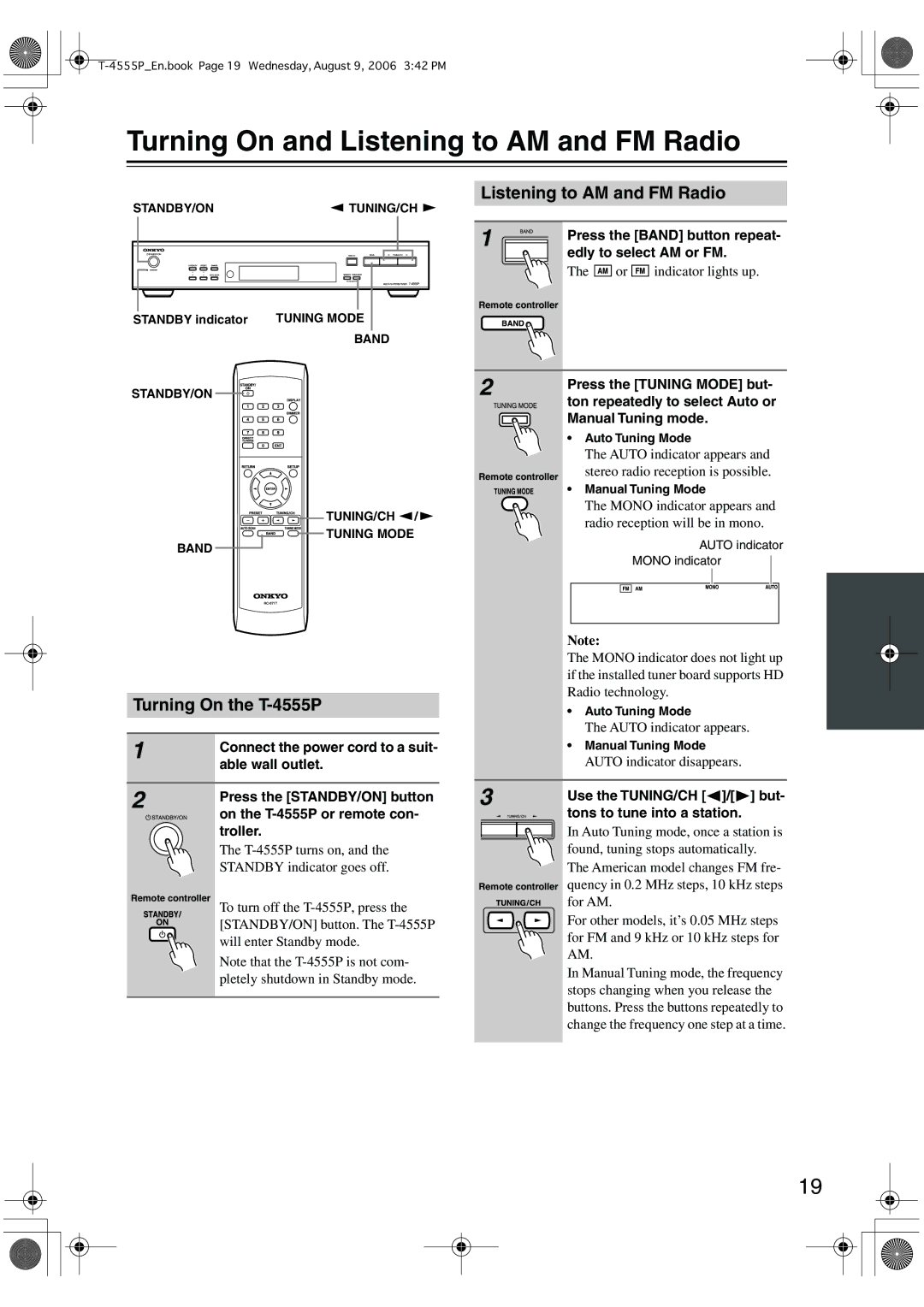 Onkyo instruction manual Turning On and Listening to AM and FM Radio, Turning On the T-4555P 