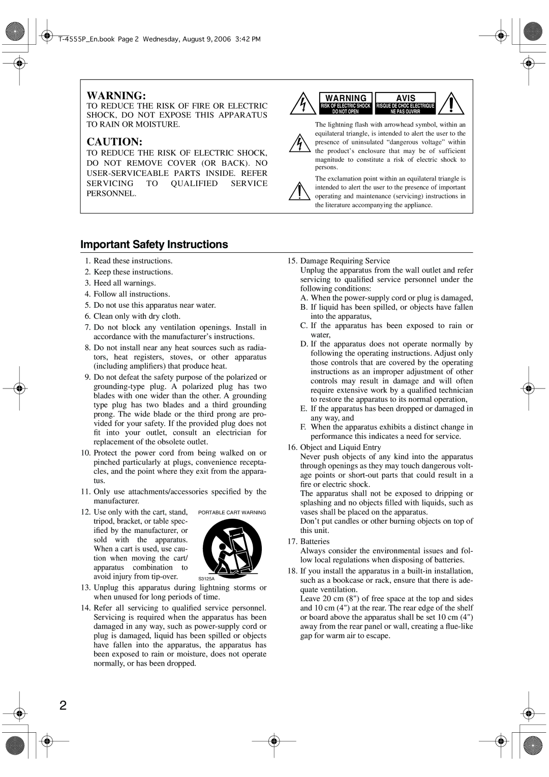 Onkyo T-4555P instruction manual Important Safety Instructions, Avis 