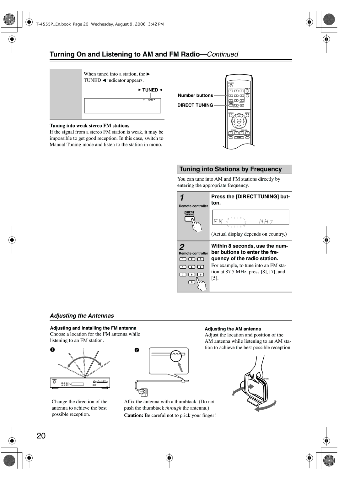 Onkyo T-4555P Turning On and Listening to AM and FM Radio, Tuning into Stations by Frequency, Adjusting the Antennas, Ton 