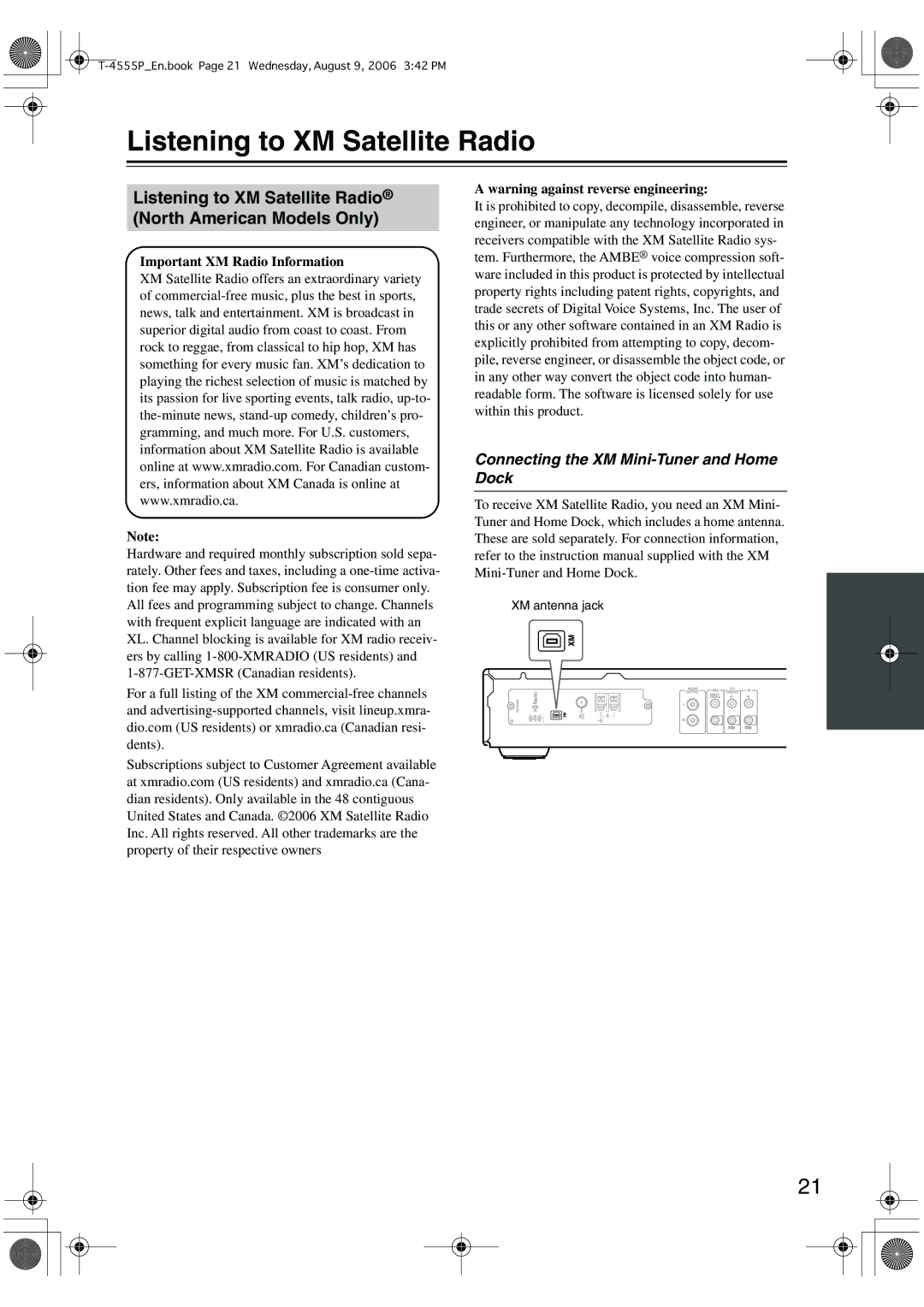 Onkyo T-4555P Listening to XM Satellite Radio North American Models Only, Connecting the XM Mini-Tuner and Home Dock 