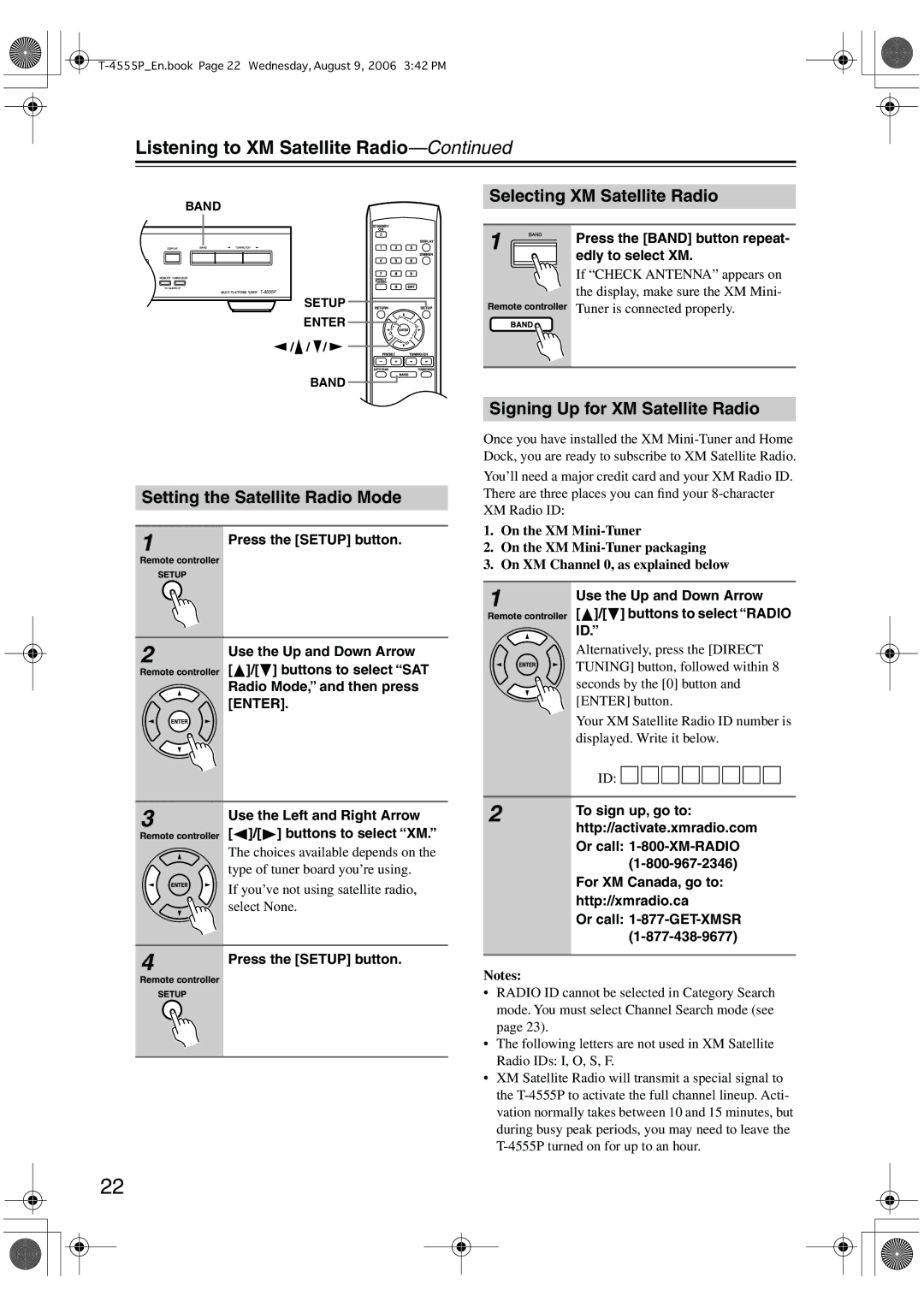 Onkyo T-4555P Listening to XM Satellite Radio, Setting the Satellite Radio Mode, Selecting XM Satellite Radio 