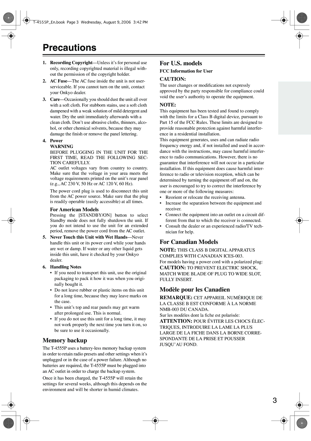 Onkyo T-4555P instruction manual Precautions, Power, FCC Information for User 