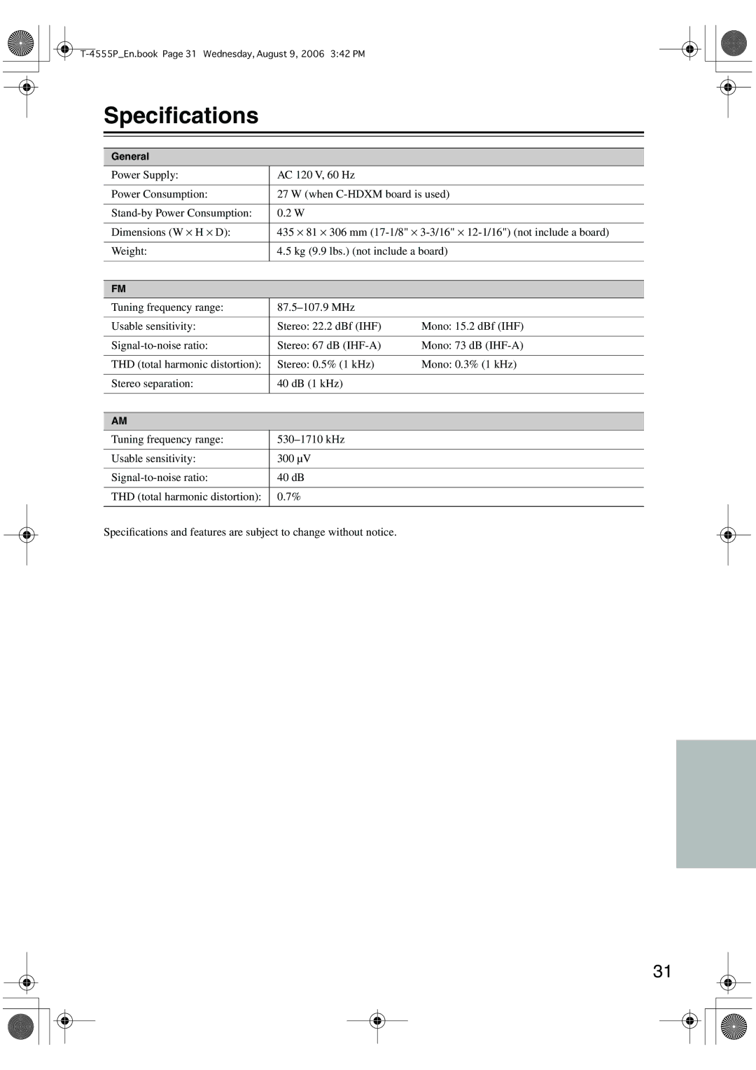 Onkyo T-4555P instruction manual Speciﬁcations 