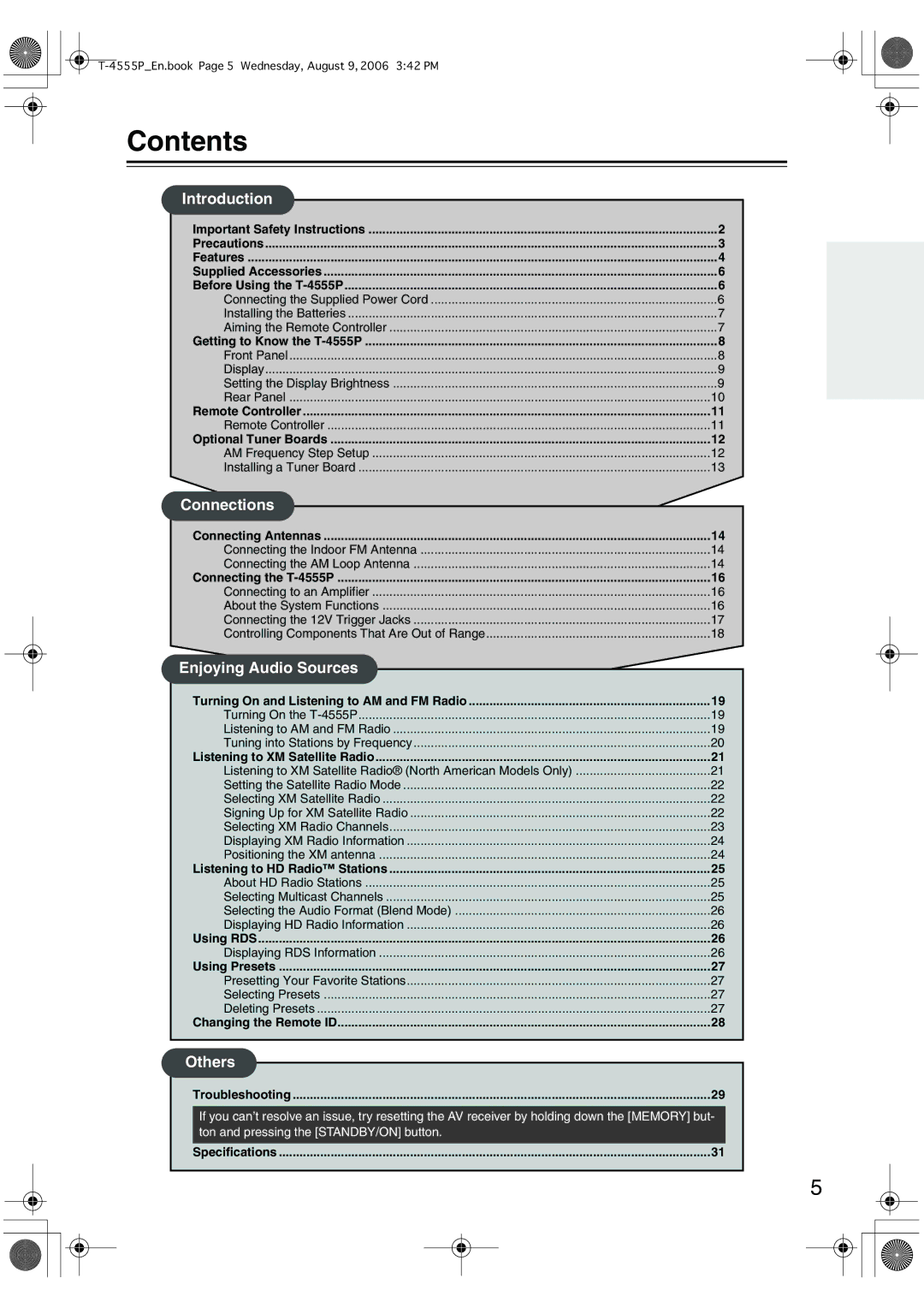 Onkyo T-4555P instruction manual Contents 