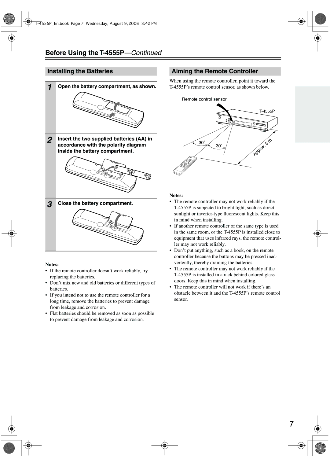 Onkyo Before Using the T-4555P, Installing the Batteries, Aiming the Remote Controller, Close the battery compartment 